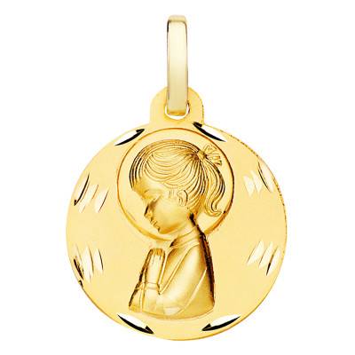 Médaille Vierge en Prière Facettée en Or Jaune 375 ou 750, Diamètre 16 mm - Lumiosa
