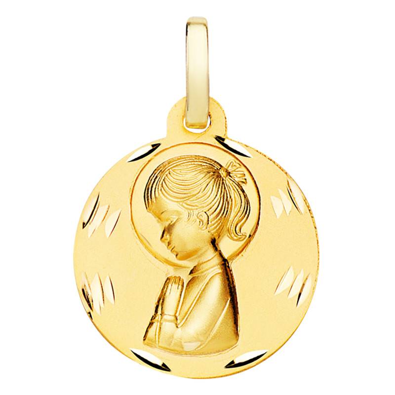 Faceted Praying Virgin Medal in 375 or 750 Yellow Gold, 16 mm Diameter - Lumiosa