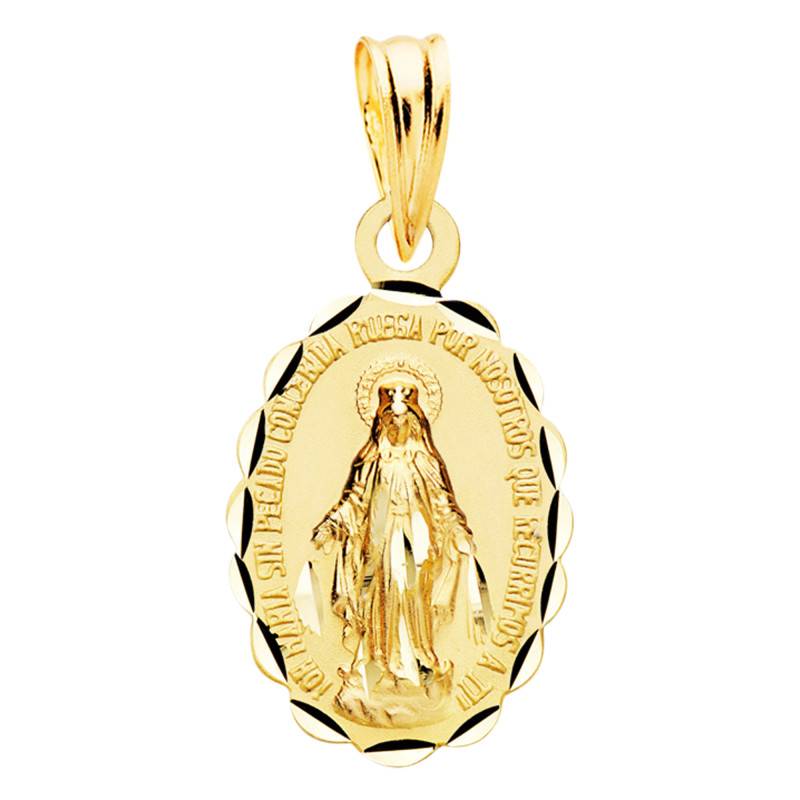 Faceted Oval Miraculous Virgin Medal in 375 or 750 Yellow Gold, 15 x 10 mm - Lumiosa