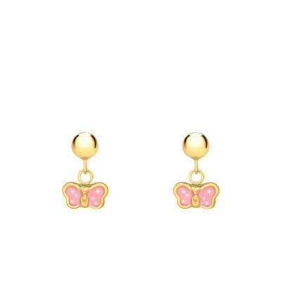 Boucles d'oreilles Papillons Émail Rose & Or Jaune 375 - Bambins