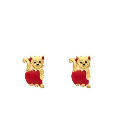 Boucles d'oreilles Chat Émaillé en Or Jaune 375 - Bambins