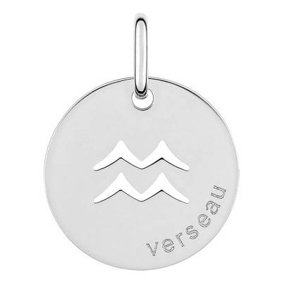 Rhodium-Plated 925 Silver Aquarius Sign Medallion, Diameter 15 mm - Emanessence