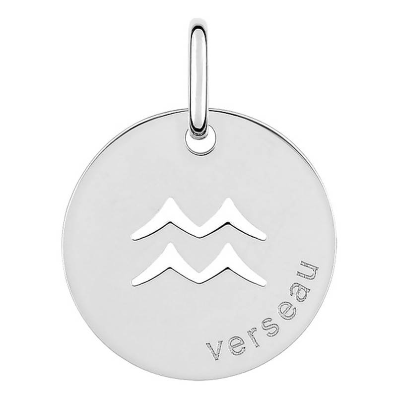 Rhodium-Plated 925 Silver Aquarius Sign Medallion, Diameter 15 mm - Emanessence