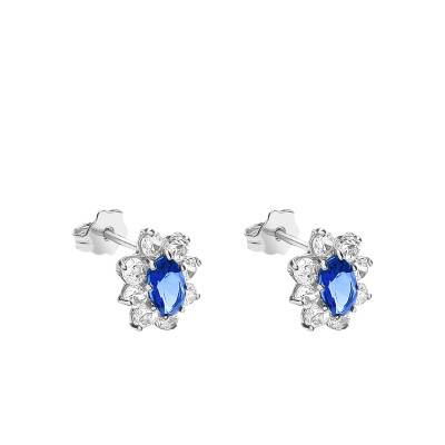 Boucles d'oreilles Fleur en Or Blanc 375 & Oxydes de Zirconium Blanc et Bleu - Emanessence