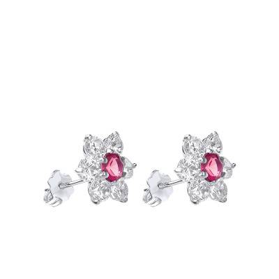 Boucles d'oreilles Fleur en Or Blanc 375 & Zircones Blanc et Rouge - Emanessence