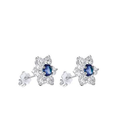 Boucles d'oreilles Fleur en Or Blanc 375 & Zircones Blanc et Bleu - Emanessence