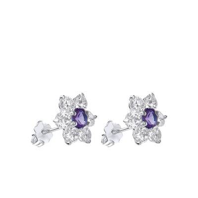 Boucles d'oreilles Fleur en Or Blanc 375 & Zircones Blanc et Violet - Emanessence