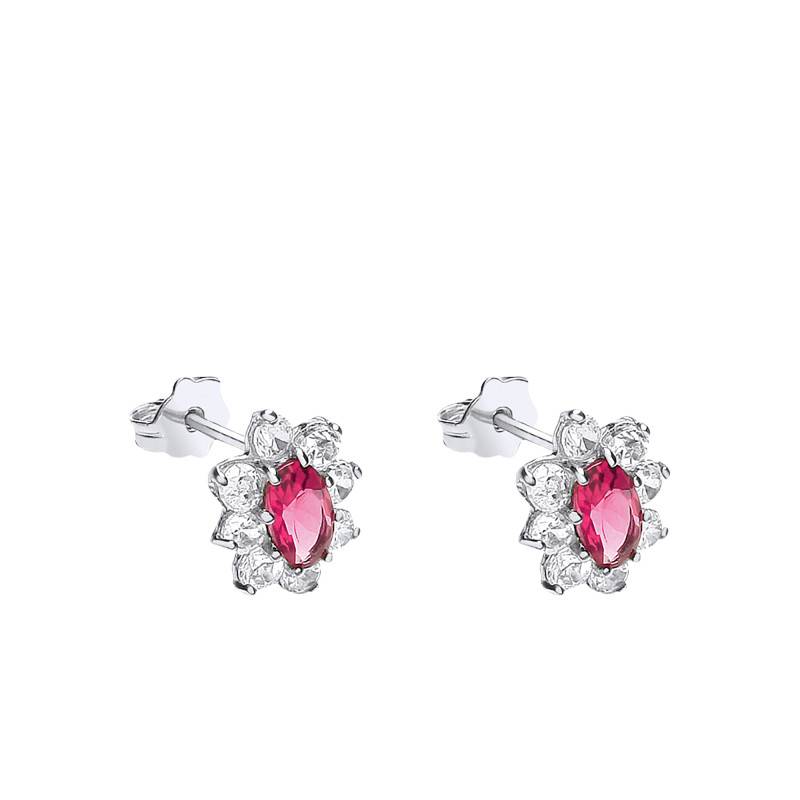 375 White Gold & White and Red Cubic Zirconia Flower Stud Earrings - Emanessence