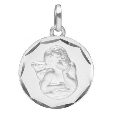 Médaille Facettée Ange Raphaël, Or Blanc 375, Diamètre 15 mm - Emanessence