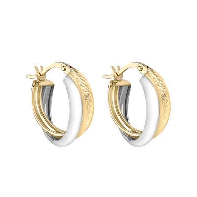 Two-Tone 375 Gold Crossed Hoop Earrings, 15 mm Diameter - Emanessence