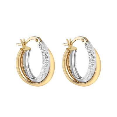 2-Tone 375 Gold Chiseled Crossed Hoop Earrings, 15 mm Diameter - Emanessence