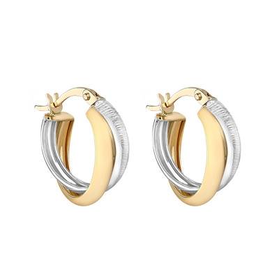 2-Tone 375 Gold Chiseled Crossed Hoop Earrings, 15 mm Diameter - Emanessence