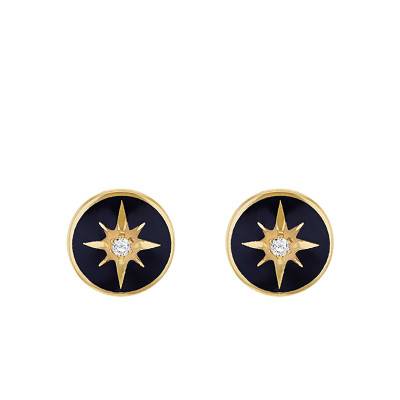 Boucles d'oreilles Étoile du Nord en Or Jaune 375, Email Noir & Diamants 0,03 ct - Emanessence