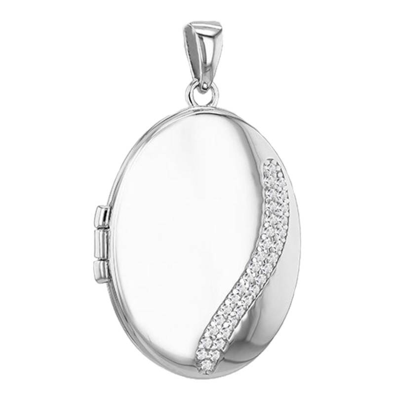 Rhodium-Plated 925 Silver & Zirconia Oval Pendant, 20.5 mm x 35 mm - Emanessence