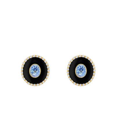 Boucles d'oreilles Ovales Émaillées en Or Jaune 375, Topazes Bleues & Diamants Blancs - Emanessence