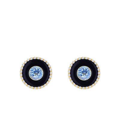 Boucles d'oreilles Rondes Émaillées en Or Jaune 375, Topazes Bleues & Diamants Blancs - Emanessence