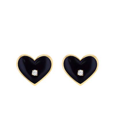 Boucles d'oreilles Coeurs Émaillées en Or Jaune 375 & Diamants Blancs - Emanessence