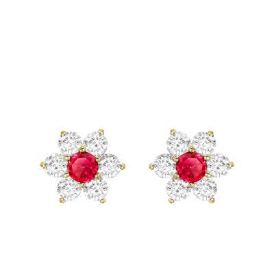 Boucles d'oreilles Fleurs en Or Jaune 375 & Zircones Rouge et Blanc - Emanessence