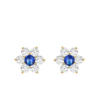 Boucles d'oreilles Fleurs Or Jaune 375 & Zircones Bleu et Blanc - Emanessence