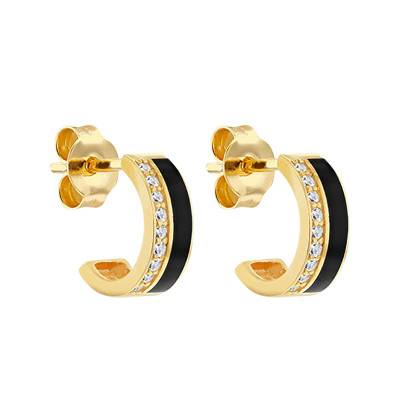Boucles d'oreilles en Or Jaune 375, Email Noir & Diamants 0,09 ct - Emanessence