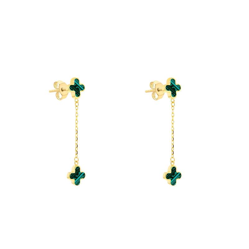 375 Yellow Gold & Malachite Clover Drop Earrings - Emanessence