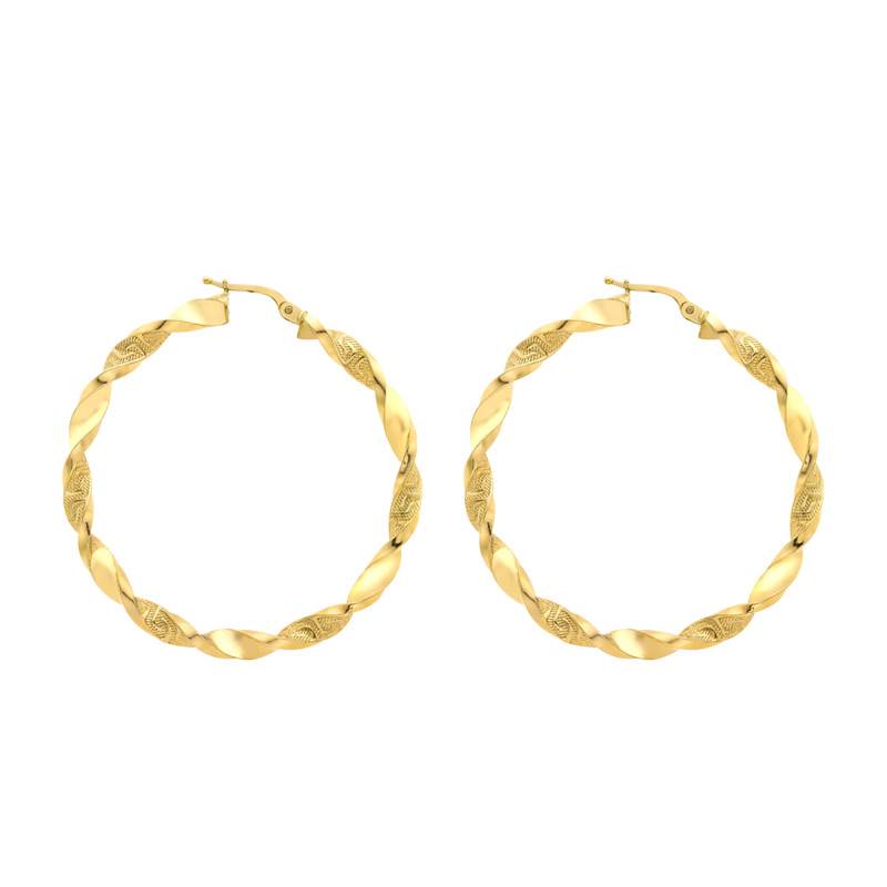 375 Yellow Gold Twisted Greek Hoop Earrings, 48 mm Diameter - Emanessence