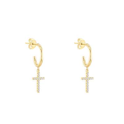 375 Yellow Gold & Zirconium Oxide Cross Earrings - Emanessence