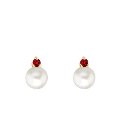 Boucles d'oreilles en Or Jaune 375, Perles d'Eau Douce & Zircone Rouge - Emanessence