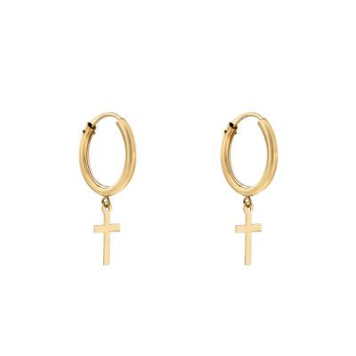 Créoles Croix en Or Jaune 375, Diamètre 12 mm - Emanessence