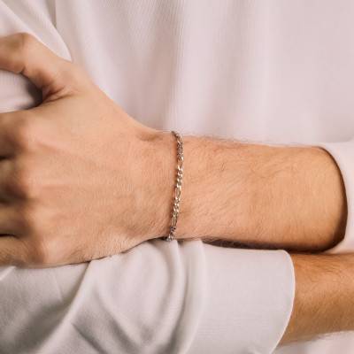 Bracelet Maille Figaro Alternée en Argent 925, Longueur de 18 cm à 21 cm, Largeur 4 mm - Manillon