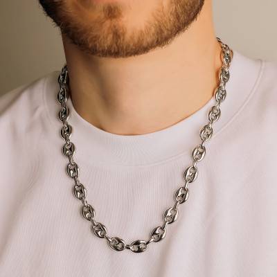 925 Silver Coffee Bean Chain, Length 42 cm to 60 cm, Width 12 mm - Manillon