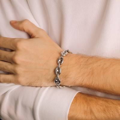 925 Silver Coffee Bean Chain Bracelet, Length 19 cm or 21 cm, Width 12 mm - Manillon