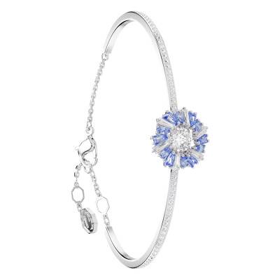 Bracelet Jonc Idyllia Fleur en Métal Rhodié & Cristaux Blancs et Bleus, Longueur Ajustable - 5680014 - Swarovski