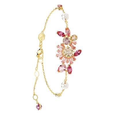 Bracelet Gema Fleur Métal Doré, Perles Blanches & Cristaux Roses et Jaunes, Longueur 15,50 à 19,50 cm - 5688488 - Swarovski