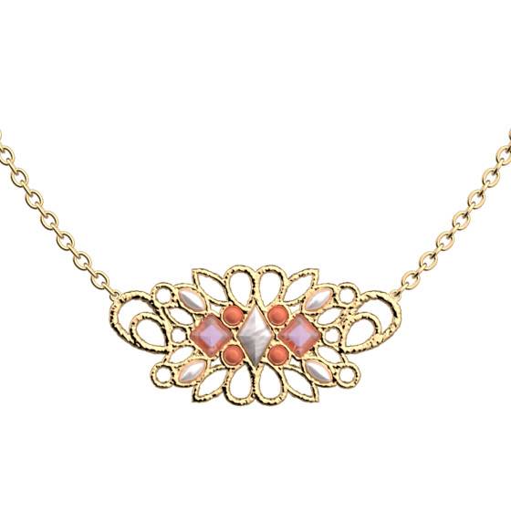 sautoir doré, rosace métal, cristal de Swarovski