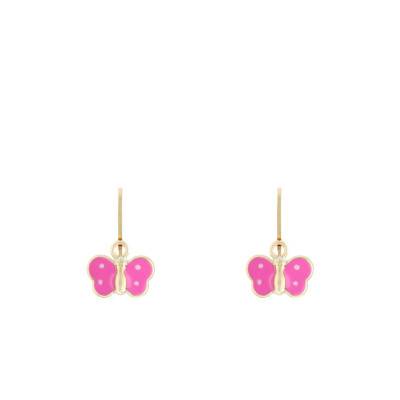 Pink Butterfly 750 Yellow Gold Leverback Earrings - Bambins