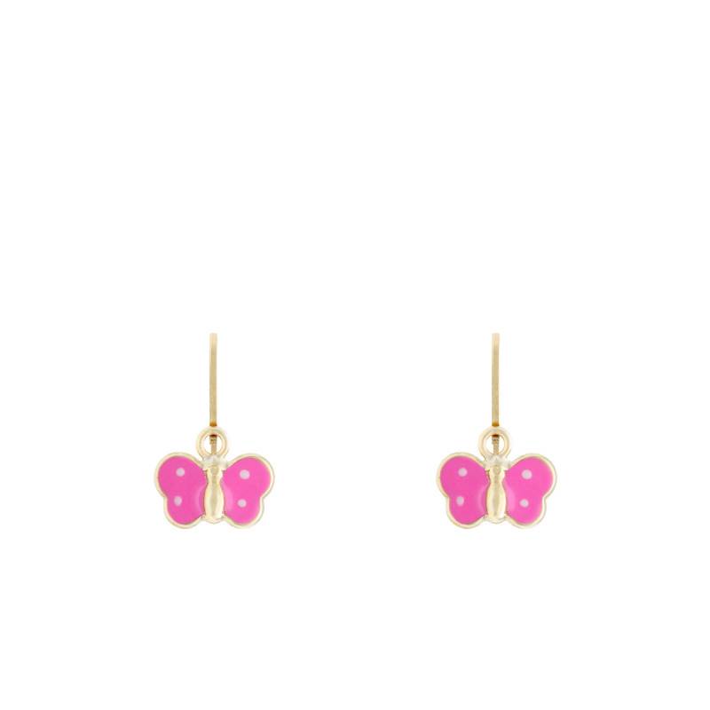 Pink Butterfly 750 Yellow Gold Leverback Earrings - Bambins