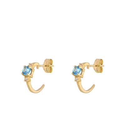 Créoles Trilogie en Or Jaune 375, Topazes Bleues & Zircones - Emanessence