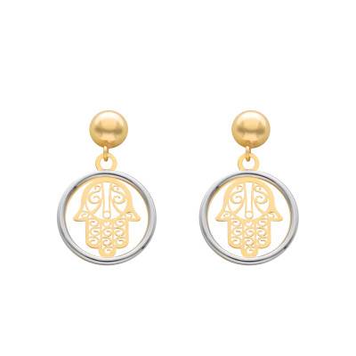 375 Yellow Gold Hamsa Hand Circle Drop Earrings - Emanessence