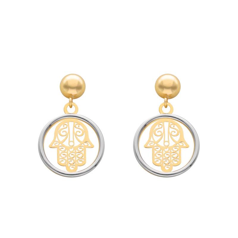 375 Yellow Gold Hamsa Hand Circle Drop Earrings - Emanessence