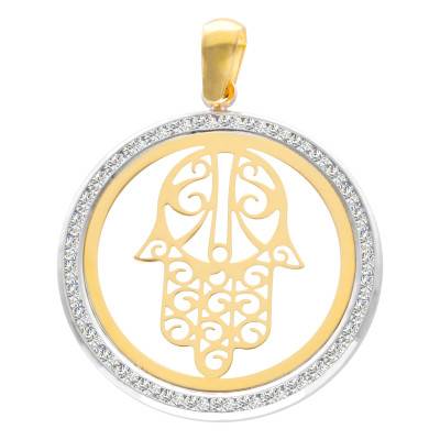Médaille Main de Fatma en Or Jaune 750 & Oxyde de Zirconium, Diamètre 20 mm - Lumiosa