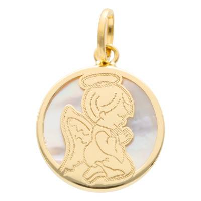 Médaille Ange en Prière en Or Jaune 750 & Nacre, Diamètre 14,50 mm - Lumiosa