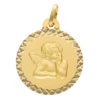 Médaille Ange Pensif Sablée en Or Jaune 750, Diamètre 16 mm - Lumiosa