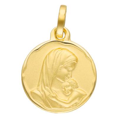 Médaille Vierge & Enfant Sablée en Or Jaune 750, Diamètre 15 mm - Lumiosa
