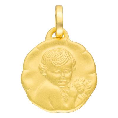 Médaille Ange & Fleur en Or Jaune 750, Diamètre 15 mm - Lumiosa