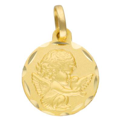 750 Yellow Gold Angel and Dove Medal, 14 mm Diameter - Lumiosa