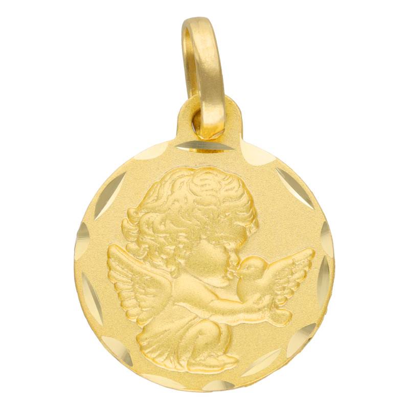750 Yellow Gold Angel and Dove Medal, 14 mm Diameter - Lumiosa