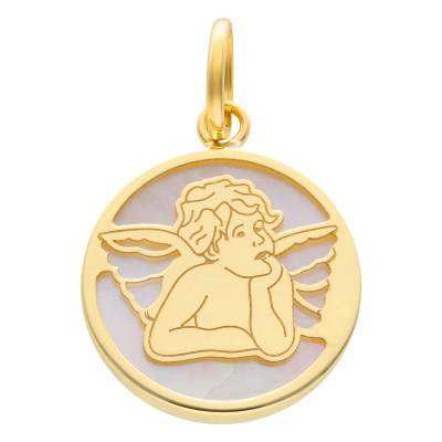 Médaille Ange Pensif & Nacre en Or Jaune 375, Diamètre 15 mm - Lumiosa