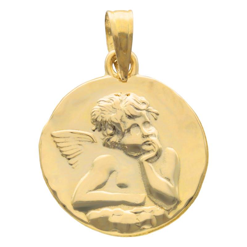 375/1000 Yellow Gold Pensive Angel Medal, 16 mm Diameter - Lumiosa