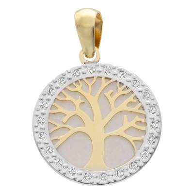 Médaille Arbre de vie, Nacre & Oxydes de Zirconium en Or Jaune 375, Diamètre 13 mm - Lumiosa